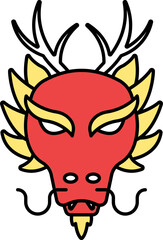 Horned Dragon Face Flat Icon In Red And Yellow Color.