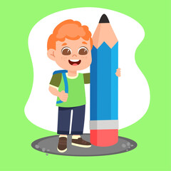 Redhead schoolboy with pencil. Cartoon vector illustration.