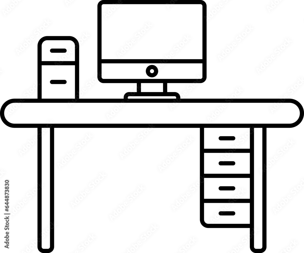 Poster computer with cpu desk outline icon.