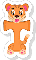 Funny T Alphabet Animal Cartoon Tiger Icon In Sticker Style.