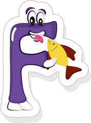 Purple F Alphabet Cartoon Character Holding Fish Icon In Sticker Style.