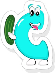 Blue C Alphabet Cartoon Character Holding Cucumber Icon In Sticker Style.