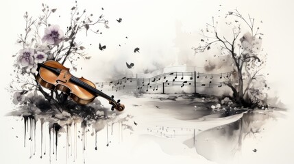 Violin with music notes and symbols, digital illustration