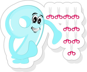 Blue Funny Cartoon Number 9 With Scissors Icon In Sticker Style.