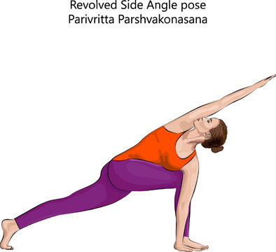 Young woman practicing yoga exercise, doing Revolved Side Angle pose. Parivritta Parshvakonasana. Standing and Twist. Intermediate. Isolated vector illustration.