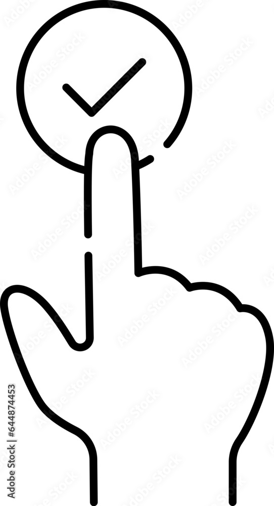 Poster hand touch with check mark icon in linear style.