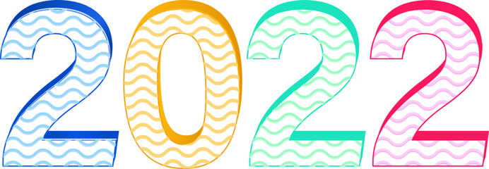 3D Render Of Colorful 2022 Number With Wave Lines On White Background.