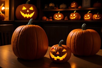 Jack-o'-Lanterns Adorning Café Table: Halloween Festivity