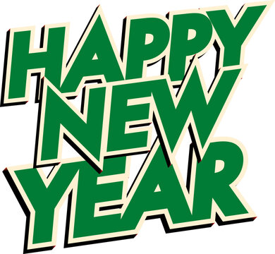 Sticker Style Green Happy New Year Font On White Background.