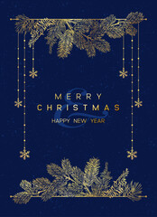 Christmas Poster with golden pine branches on blue background. New year illustration. - 644875453