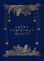 Fotobehang Graffiti collage Christmas Poster with golden pine branches on blue background. New year illustration.