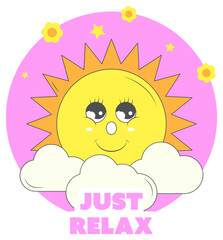 Just Relax Lettering With Smiley Sun, Flowers, Stars, Clouds On Pink And White Background.