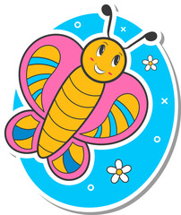 Funny Butterfly With Flowers In Sticker Style.