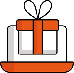 Laptop With Gift Box Icon In Orange And White Color.