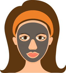 Young Woman Apply Charcoal Face Pack On Her Face Icon In Grey And Brown Color.