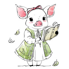  book in autumn. Charming animal in clothes. Imperfect retro vector line illustration. Ink and watercolor on a white background. Print, clipart, greetings.