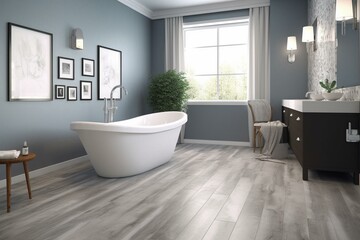 Fototapeta na wymiar Contemporary bathroom featuring gray finishes, radiant flooring, and a standalone tub. Generative AI