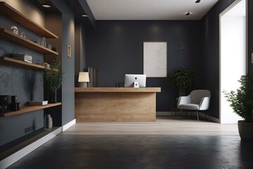 Contemporary office featuring a plain grey-wall and poster space, stylish reception on a dark background. Generative AI