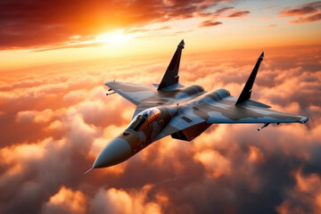 Spectacular Sunset Flight of a Military Fighter