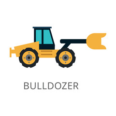 Side view of yellow bulldozer flat vector icon. Cartoon drawing or illustration of heavy machinery or equipment for construction work on white background. Industry, technology concept
