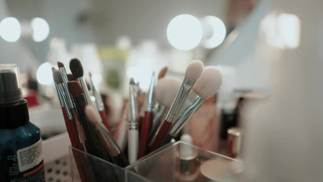 Close-up of the tools of the make-up master before working with the model