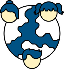 Cartoon Girls And Boy Face With Earth Globe Icon In Yellow And Blue Color.
