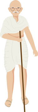 Character Of Mahatma Gandhiji Standing With Stick On White Background.