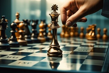 A hand maneuvers a chess piece labeled Chess with strategic intent - obrazy, fototapety, plakaty