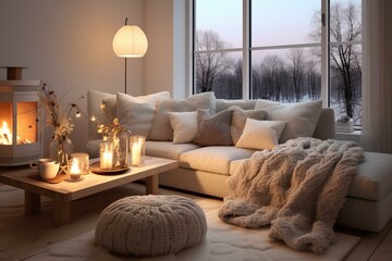 Cozy winter living room with Scandinavian design and a sofa. Generative AI