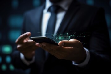 Digital marketing. Businessman use modern interface payment, online shopping and customer network connection on virtual screen, digital visualization, global electronic business network communication.