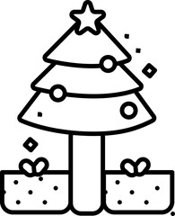Christmas Tree With Gift Boxes Line Art Icon.