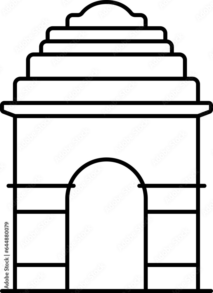 Sticker Black Outline Illustration Of India Gate Icon.