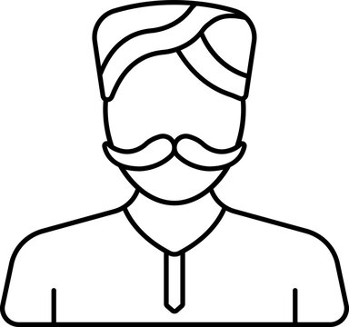recommend clip art: Black Line Art Illustration Of Indian Mustache Man In Traditional Dress Icon.