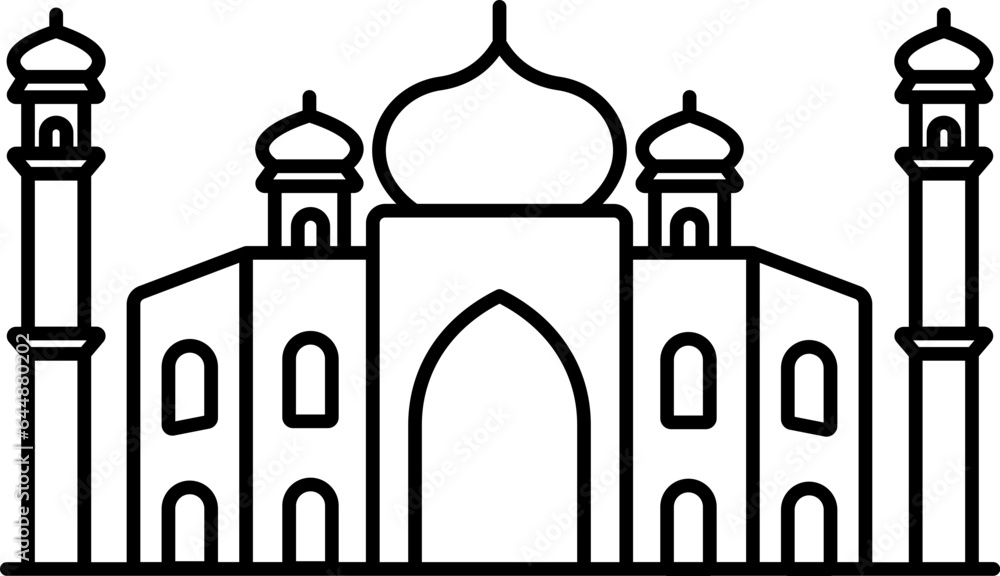 Sticker Black Thin Line art Of Taj Mahal Icon.