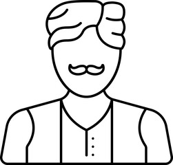 Black Line Art Illustration Of Indian Mustache Man In Traditional Dress Icon.