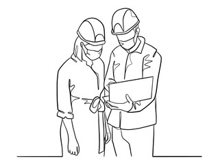 Continuous one line drawing of civil engineers illustration. Vector illustration.