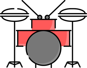 Grey And Red Illustration Of Drum Set Flat Icon.