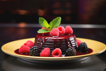 Chocolate dessert with berries on trendy plate on dark background. Close-up.
