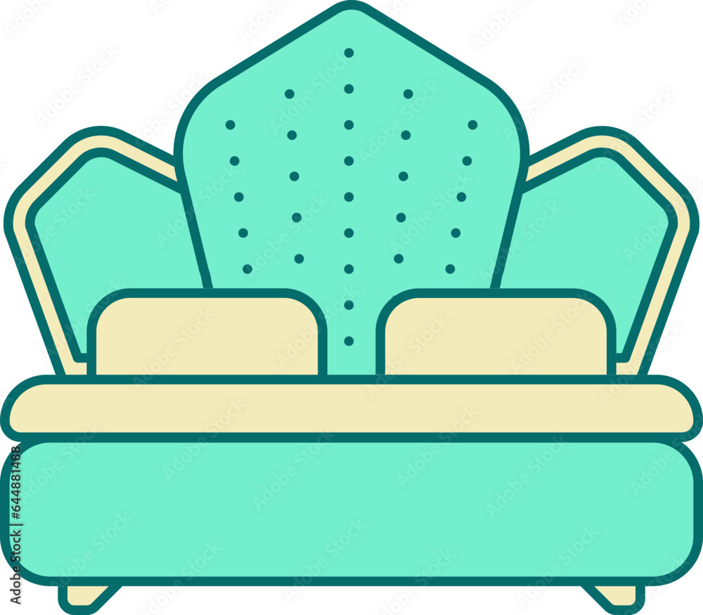 Sticker isolated double bed icon in turquoise and yellow color.