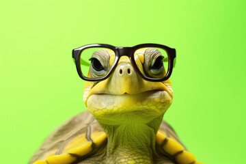 Clever Baby Tortoise with Eyeglasses in a Studio