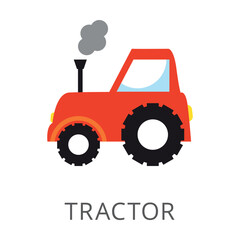 Side view of red tractor with big wheels flat vector icon. Cartoon drawing or illustration of heavy machinery for construction work or agriculture. Industry, technology concept