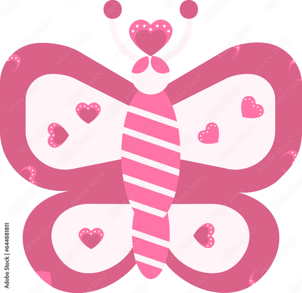 Sticker Pink Color Hearts Butterfly Icon In Flat Style.