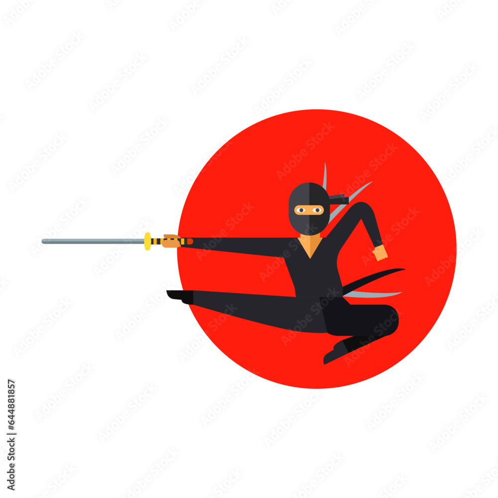 Poster japanese ninja assassin vector. man dressed in black suit striking with sword in jump. multicolored 