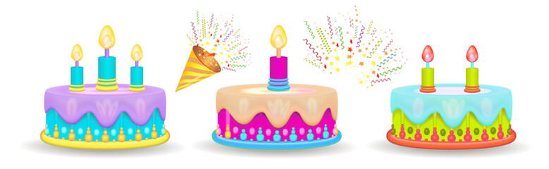 Children's birthday cake with icing and candles.
Vector illustration of a 3d icon. Birthday cake, icon.