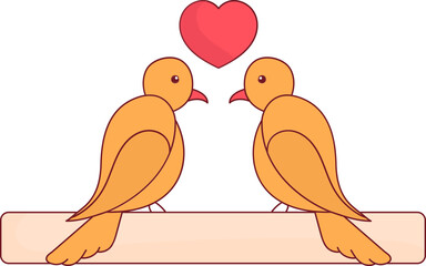 Cartoon Love Bird Sit On Tree Branch Icon In Red And Orange Color.