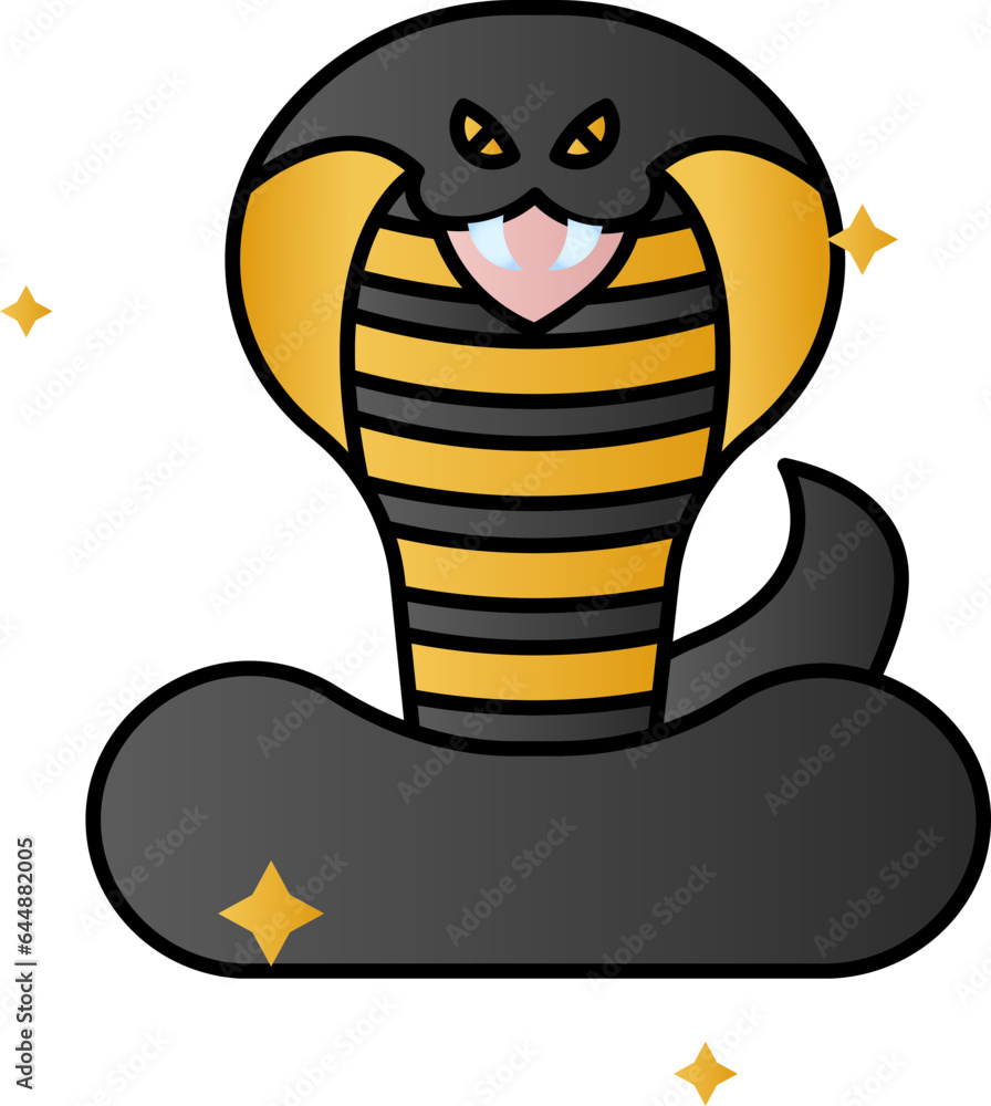 Poster cartoon snake open mouth icon in black and yellow color.