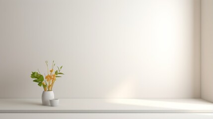 Photo of a minimalist white shelf with a beautiful vase filled with vibrant flowers