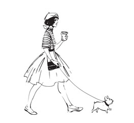 A beautiful fashionable girl in a skirt walks with a French bulldog and coffee in her hand. Modern hand drawn illustration, line vector isolated on white background.