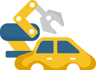 Robotic Arm With Car Icon In Blue And Yellow Color.