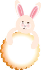 Flat Illustration Of Cute Bunny Or Rabbit Holding Moon Cake For MId Autumn Festival Concept.